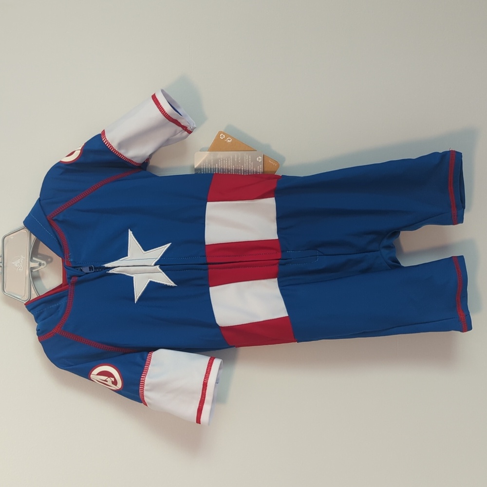 NWT Disney Captain America boys zippered bathing suit with hood.